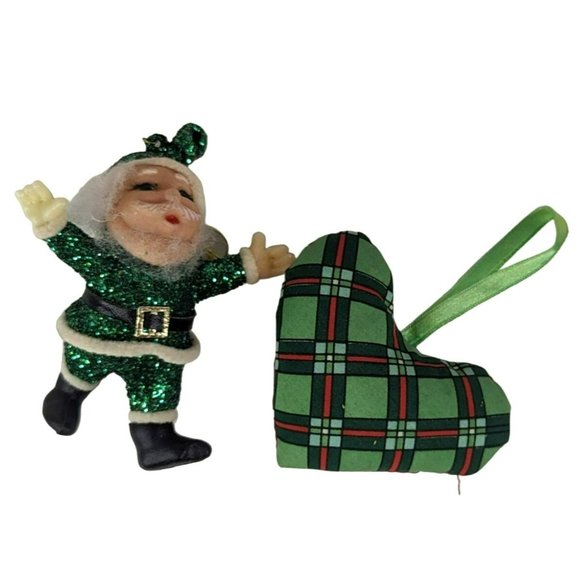 Vintage Green Glitter Flocked Leprechaun Santa Claus and Plaid Heart Ornaments - Picture 2 of 8